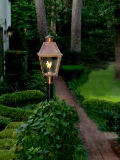 a lamp post with two lit candles on it in the middle of some bushes and trees