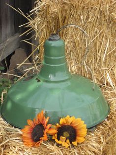 two sunflowers are sitting in the hay next to a green light fixture on straw bales