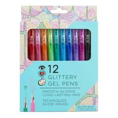 the 12 piece glitter gel pens are packaged in a package with different colors and designs