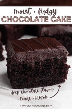 a close up of a piece of chocolate cake on a plate with the title text above it