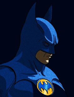 the batman logo is shown in blue and yellow colors, as well as black background