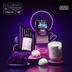 an assortment of beauty products displayed in front of a purple background with the words durex on it