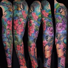 tattoos on the arms and legs of women with flowers, birds and butterflies in them