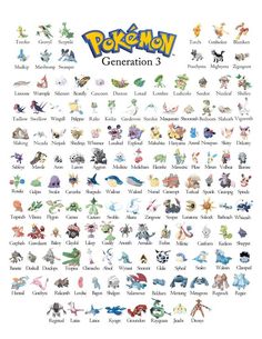 the pokemon generation 3 poster with all its characters and their names in english or japanese