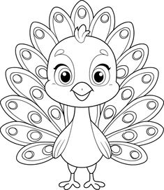 a cartoon bird with big eyes and large feathers on it's head, outlined in black and white