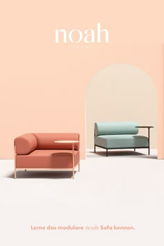 an advertisement for noah living featuring two couches and a chair in front of a pink wall