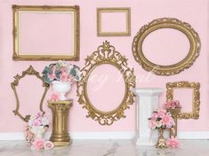 there are many frames on the wall with flowers