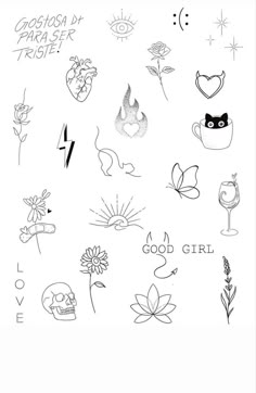 various tattoos on a white background with the words good girl