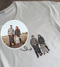 "Custom  embroidered family portrait from photo on t-shirt The most perfect idea to give to your loved ones for an anniversary, birthday and other holidays. Personalized photo embroidery is enough to please your loved ones. T-shirts for embroidery from 100% cotton, in 2 colors (black, white) high density fabric.  T-shirt model is unisex, but if you need a female T-shirt model, please indicate this in the comments to the order. You can order embroidery in four sizes: 2.75 in (7 cm) 3.93 in (10 cm) Family name or other words are free.  Please send me a photo  at  the \"Message seller\" Photos must be clear, taken in neutral lighting and reflect the true color .  The deadline for making a portraite to order is 1-2 weeks. Before shipping the order, I will provide you with photos of the embroid White Family Matching T-shirt With Embroidered Text, Casual T-shirt With Custom Embroidery As Gift, White Cotton T-shirt With Custom Embroidery, Embroidery Family Portrait Diy, Embroidery Family, Embroidered Family Portrait, Photo Embroidery, Gift Embroidery, T Shirt Model