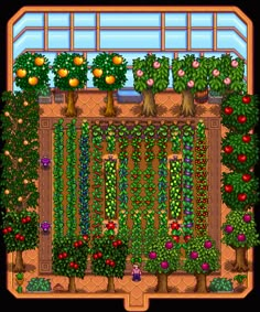 an image of a garden with fruit trees and plants in the center, surrounded by oranges