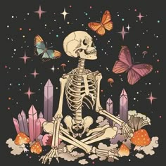 a skeleton sitting in the middle of a field with butterflies flying above it and on top of