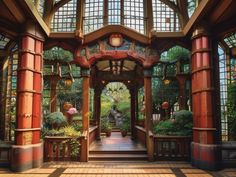 the inside of a building with lots of windows and plants on either side of it