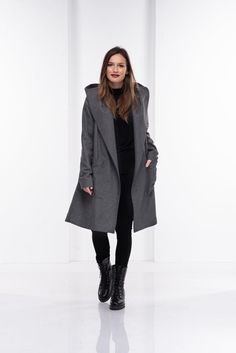 Gray Wool Coat Women, Cashmere Hooded CoatThis stylish wool coat is with two big side pockets and comfortable hood. An edgy and elegant winter coat with a long belt to adjust at the waist to your personal preferences.The model in the picture is 168cm. ⅼ 5.5 ft. tall and is wearing size S / color: gray🌟 INFO:• Worldwide EXPRESS shipping – please provide a phone number for shipping documents• US Sizing XS to 4XL – body size chart available below• We offer customization to Personal Measurements &a Wool Hooded Jacket For Cold Weather In Fall, Hooded Sweater Coat With Pockets For Winter, Winter Hooded Sweater Coat With Pockets, Wool Hooded Jacket For Winter, Hooded Wool Sweater Coat For Winter, Hooded Wool Sweater Coat For Cold Weather, Wool Hooded Sweater Coat For Winter, Hooded Wool Pea Coat For Fall, Hooded Pea Coat For Winter