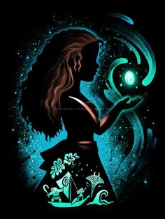 a girl holding a glowing ball in her hand with stars and swirls on the background