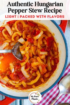 the recipe for authentic hungarian pepper stew is shown in a bowl with a ladle