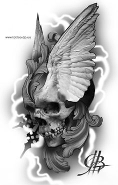 a black and white photo of a skull with wings on it's back side