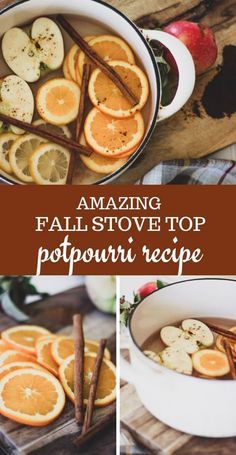 an image of fall stove top potpour recipe with apples, oranges and cinnamon sticks