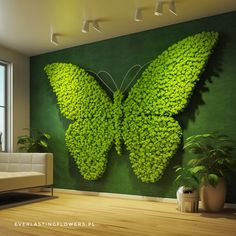 a living room with a large green butterfly on the wall