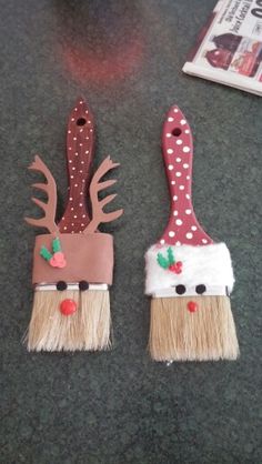 two christmas decorations made to look like santa's hats and reindeer noses