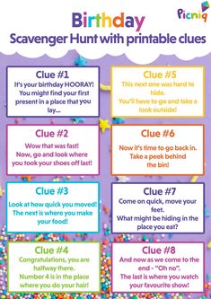 birthday scavenger hunt with printable clues for kids to use in the classroom