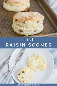 three biscuits on a baking sheet with the words irish raisin scones above them