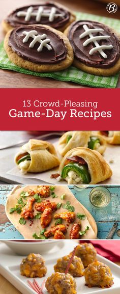 some food that is on top of a plate and in front of the words 13 crowd pleasing game - day recipes