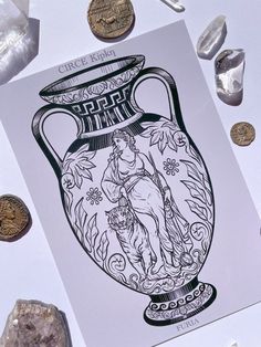 a drawing of a vase with an image of a woman on it