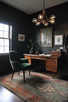 a room with a desk, chair and rug in it