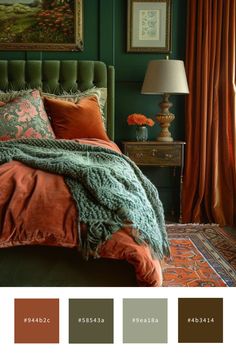 a bedroom with green walls and orange bedding