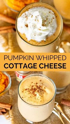 pumpkin whipped cottage cheese in small glass mugs with cinnamon sprinkled on top