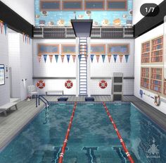 an indoor swimming pool with ladders to the ceiling