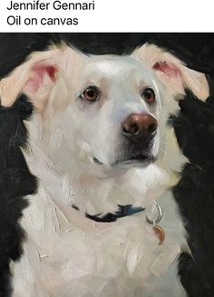 an oil painting of a white dog with brown eyes