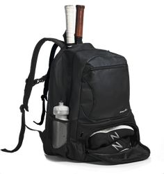 a back pack with an umbrella and water bottle in it, on a white background