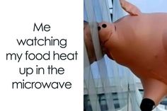 an inflatable pig is standing next to a window with the words me watching my food heat up in the microwave