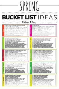 the spring bucket list for students to use in their homes and school activities, including reading