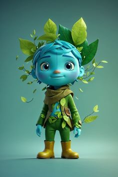 a cartoon character with blue hair and green leaves on his head, standing in front of a