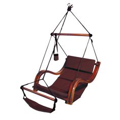 a hanging chair that is made out of wood and has straps on the back, with an attached seat