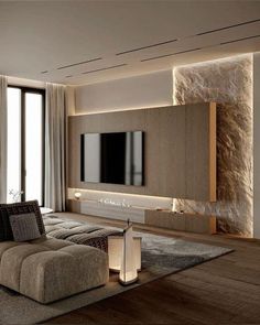 modern living room with stone wall and tv