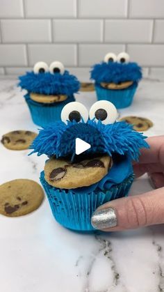 cookie monster cupcakes with googly eyes and chocolate chip cookies