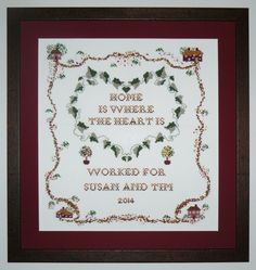 a cross stitch pattern with the words home is where the heart is worked for susan and tim