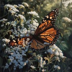 a painting of two butterflies on white flowers