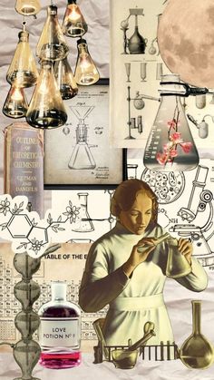 a collage of science related images with woman in lab coat