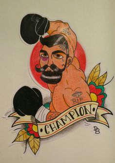 a drawing of a man with a beard and mustache on top of a banner that says champion