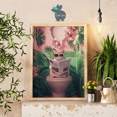 cat bathroom wall art, funny cat toilet art, quirky tropical cat, animal wall art decor, cat bathroom print, cute cat wall art, tropical bathroom art, cat toilet decor, funny bathroom art, quirky animal bathroom, cute bathroom wall art, cat decor bathroom, tropical bathroom decor 𝐌𝐀𝐓𝐄𝐑𝐈𝐀𝐋 𝐎𝐏𝐓𝐈𝐎𝐍𝐒 𝐀𝐕𝐀𝐈𝐋𝐀𝐁𝐋𝐄 - Print Poster only - Framed: Black/White/Natural Color - Canvas wrapped: Black/White - Framed Canvas: Black/White/Brown - Metal Print - Acrylic Print 🔷 𝐅𝐑𝐄𝐄 𝐒𝐇? Men Bathroom, Cat Bathroom, Toilet Humor, Bathroom Canvas, Pink Wall Decor, Retro Kunst, Trendy Bathroom, Funny Vintage