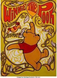 a winnie the pooh poster with an orange balloon flying above it and a bird on top