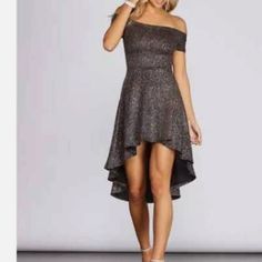 Windsor Off The Shoulders Grey Glitter Glam High Low Dress Dresses Windsor, Flared Skater Skirt, Green Satin Dress, Brown Sequin Dresses, Sparkly Prom Dress, Purple Mini Dresses, Mini Skater Dress, Square Neck Dress, Pleated Mini Dress