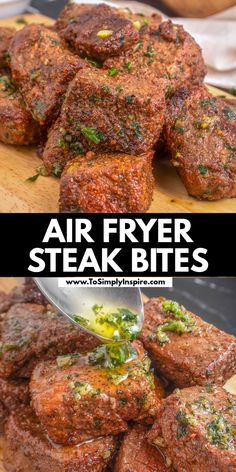 Two images of seasoned steak bites served on a wooden board, with the text "Air Fryer Steak Bites" and a URL tosimplyinspire.com displayed between the images. Steak Bites With Garlic Butter, Simple Garlic Butter, Air Fryer Recipes Chips, Air Fryer Steak Bites, To Simply Inspire, Kid Friendly Meals Dinner, Garlic Steak, Air Fryer Steak, Steak Potatoes