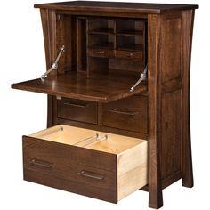 a wooden desk with drawers underneath it