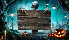 an image of halloween scene with pumpkins and skeleton holding a wooden sign in the woods