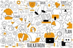 an orange and white illustration with words that say hackathon on the bottom right hand corner